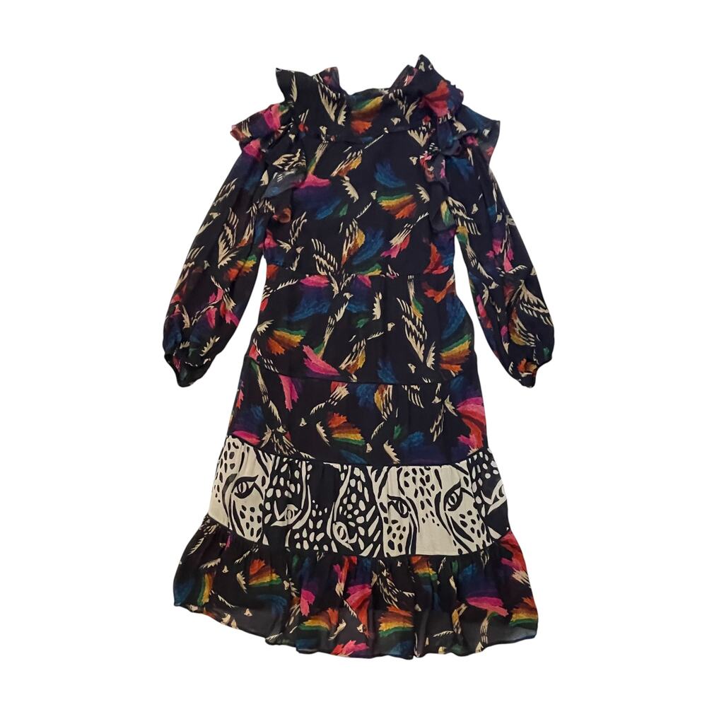 Farm Rio Macaws Flight Tie-Neck Midi/Maxi Dress - Black - Boho - Flowy - Size S - Picture 3 of 9
